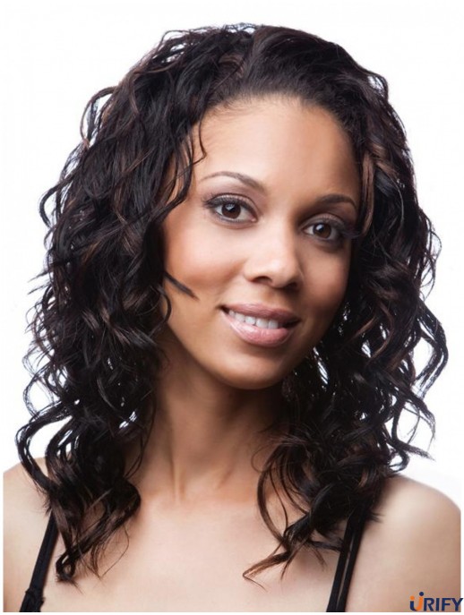Curly Brazilian Remy Hair Schwarz Schulterlang Erstaunlich 3/4 Perücken