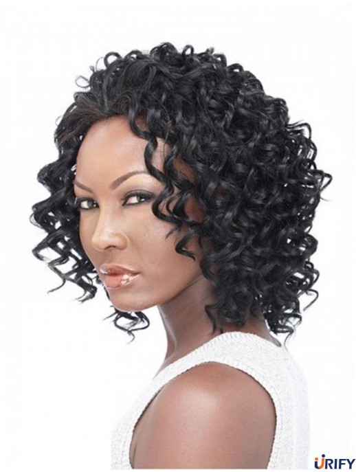 Lockiges brasilianisches Remy-Haar Schwarze schulterlange natürliche 3/4 Perücken