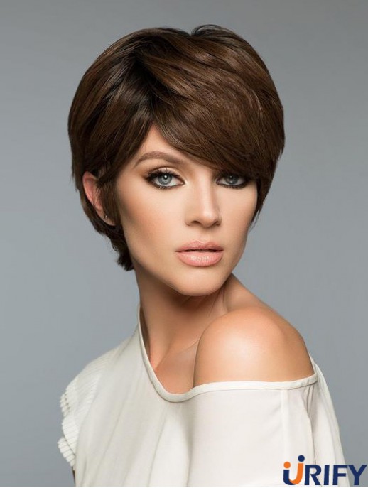Mode Brown Cropped Straight Boycuts Echthaar Perücken