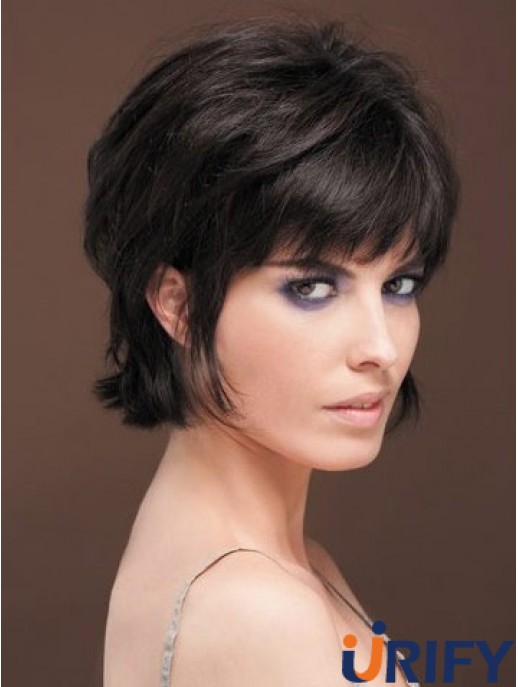 Natürlich gerade Echthaarperücke mit Pony Capless Short Length Black Farbe