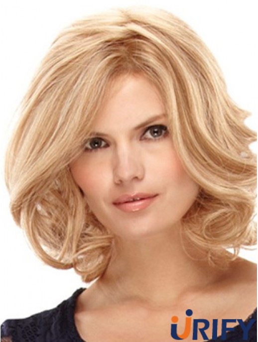 Blonde schulterlange hochwertige Locken geschichtete Spitzenperücken