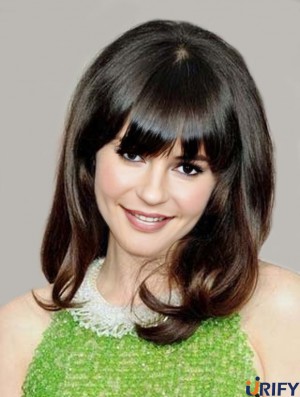 Bequeme braune schulterlange gewellte 14 Zoll mit Pony Zooey Deschanel Lace Perücken