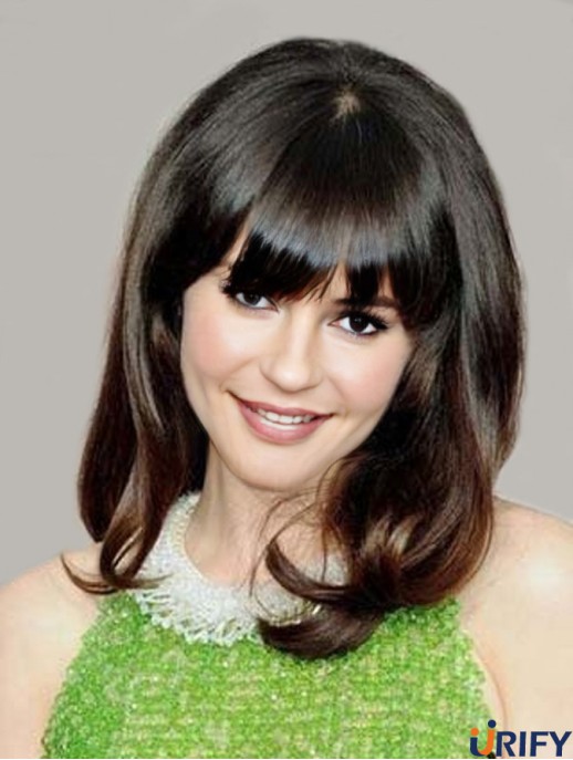 Bequeme braune schulterlange gewellte 14 Zoll mit Pony Zooey Deschanel Lace Perücken