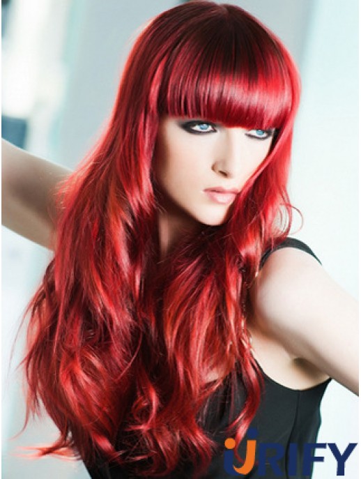 Capless Wavy 22 Zoll mit Pony Langes rotes Menschenhaar