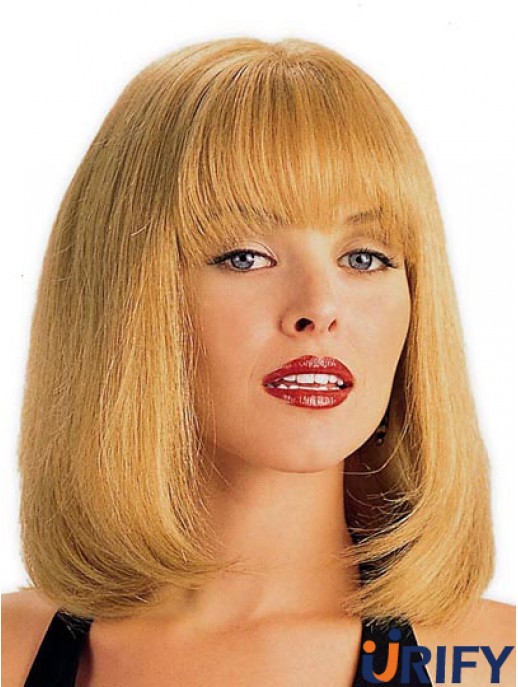 Echthaar Perücke Blond Mit Pony Straight Style Schulterlänge