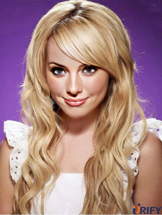 Mit Pony Top gewellte blonde lange Echthaar Spitze Front Perücken