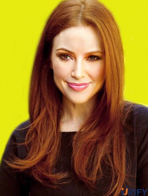 Ohne Pony Langes Kupfer Gerade 20 Zoll Stilvolles Echthaar Julianne Moore Perücken