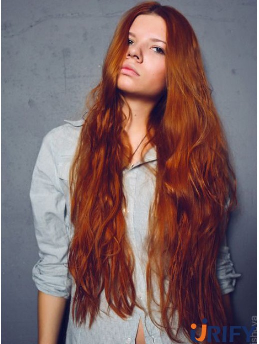 Ohne Pony Long Copper Wavy 26 Zoll bequeme Echthaar Perücken