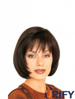 Mit Pony Durable Straight Brown Kinn Länge Echthaar Perücken
