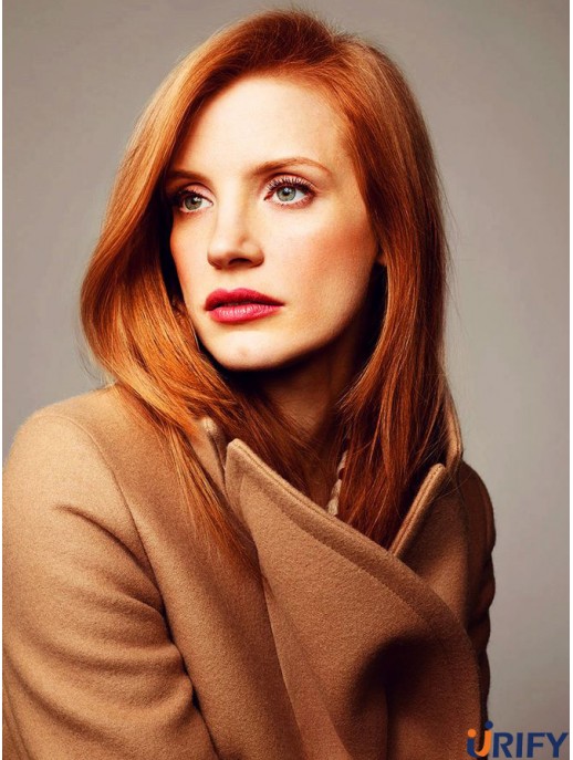 Ohne Pony Langes Kupfer Gerade 16 Zoll Bequemes Menschenhaar Jessica Chastain Perücken