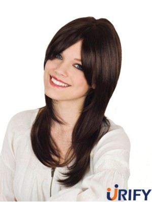 Mit Pony Long Brown Wavy 16 Zoll langlebige Echthaar Perücken