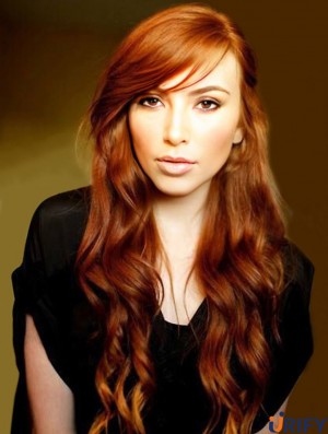 Mit Pony Long Copper Wavy 24 Zoll Trendy Echthaar Perücken