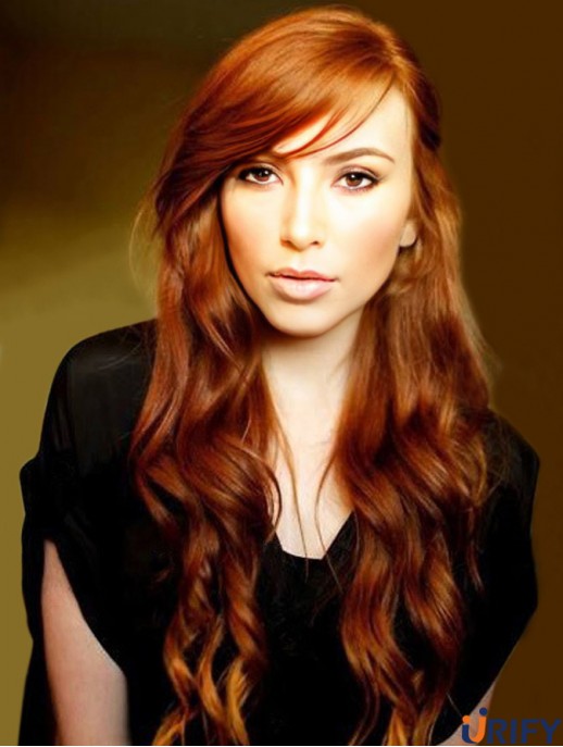 Mit Pony Long Copper Wavy 24 Zoll Trendy Echthaar Perücken