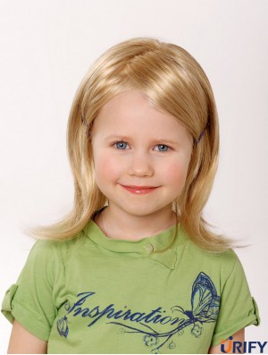 100% handgebundene 12 Zoll gerade Schulterlänge ohne Pony Blonde Remy Echthaar Perücken für Kinder
