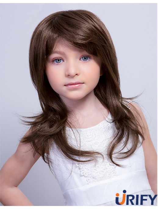Monofilament 15 Zoll gerade lang mit Pony Brown Remy Menschenhaar Kinder Perücken billig