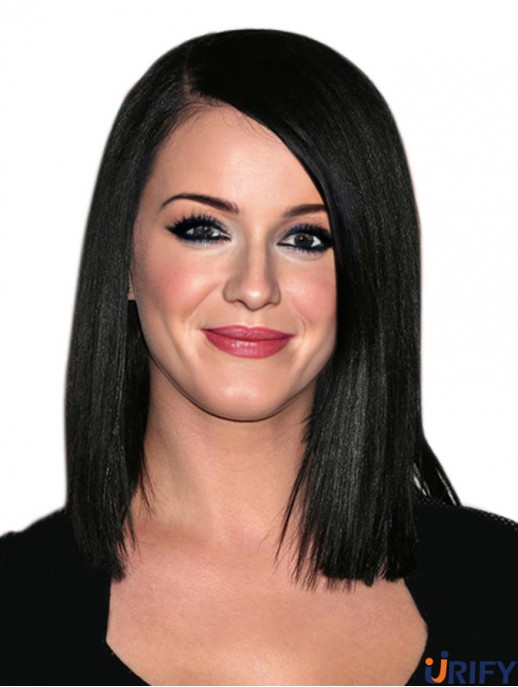 12  inchPraktische schwarze schulterlange Yaki ohne Pony Katy Perry Perücken