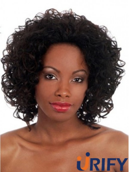 Schwarze Kinnlänge synthetische kappenlose 14 Zoll Afro Kinky Perücken