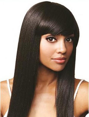 Mit Pony Online Straight Black Langes Menschenhaar Lace Front Perücken