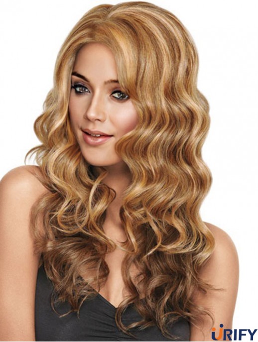 Wellig ohne Pony Lange schlanke blonde synthetische Perücken