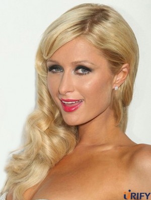 100% handgebundene lange gewellte ohne Pony Blonde No-Fuss Paris Hilton Perücken