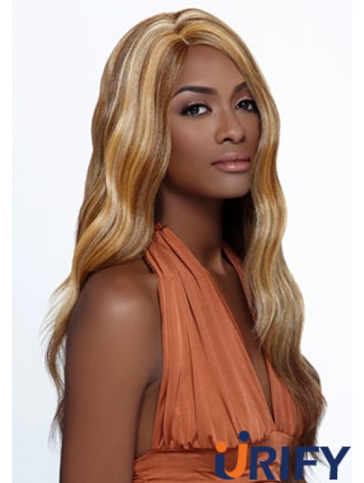 Lange blonde gewellte geschichtete ideale afroamerikanische Perücken