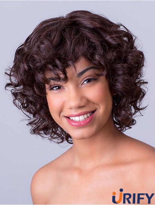 Bobs Kinn Länge Spitze Front Synthetic Brown 11 Zoll Curly African American Perücken