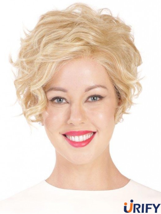 Synthetische Flexibilität Cropped Blonde Curly Monofilament Perücken