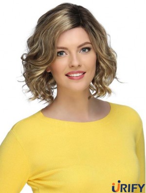 Blonde stilvolle lockige Kinnlänge synthetische Bob Perücken