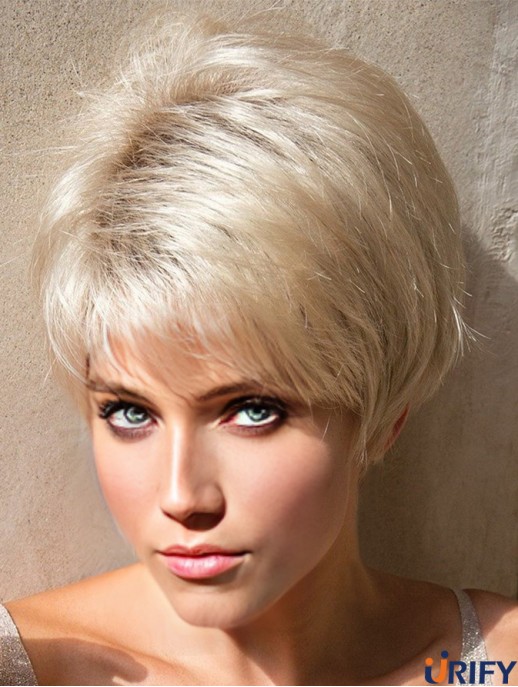 Layered Platinum Blonde Straight 4 Zoll kurze synthetische Perücken