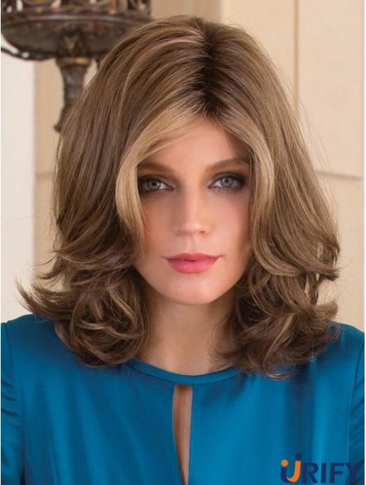 Ohne Pony Brown Wavy 13 Zoll schulterlange synthetische Perücken