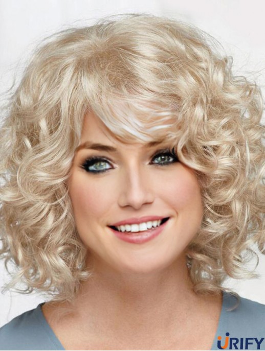 Curly Platinum Blonde Chin Länge 12 Zoll Frisuren Classic Perücken