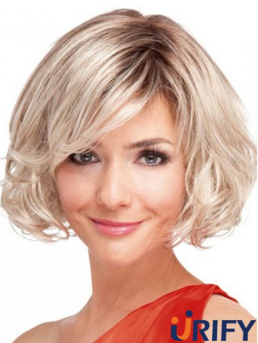 100% handgebundene kinnlange gewellte blonde Top Bob Perücken