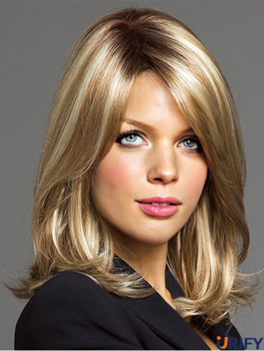 Modische blonde schulterlange Perücken mit gerader, geschichteter Spitze