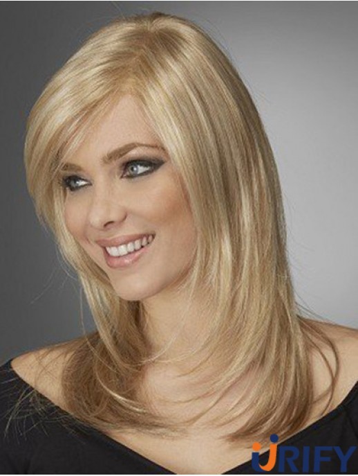 Beste bequeme synthetische Perücken mit Pony Monofilament Blonde Farbe Welliger Stil