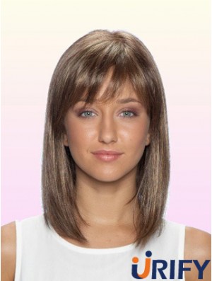 Straight With Bangs Schulterlange braune Perücken mit schnörkelloser Spitze