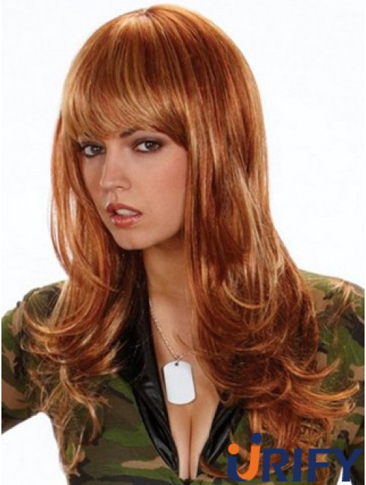 Synthetische Haarfarbe UK Mit Pony Welliger Stil Lange Länge