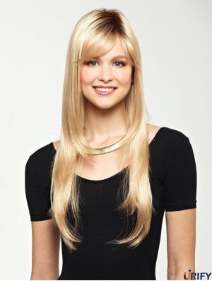Lang mit Pony gerade blonde erschwingliche synthetische Perücken