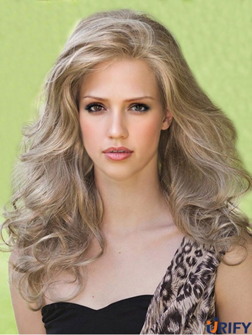 Entworfen Blonde lange ohne Pony gewellte glueless Lace Front Perücken