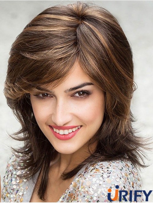 Schöne braune schulterlange geschichtete gerade glueless Lace Front Perücken