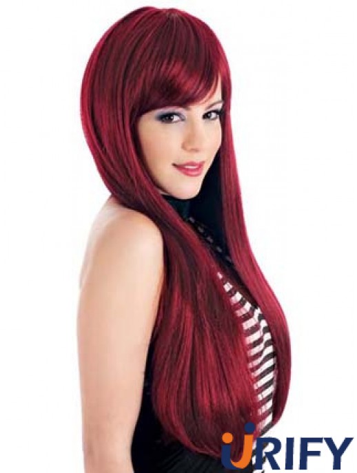 Gerade mit Pony Spitze vorne Ideal 24 Zoll rot lange Perücken