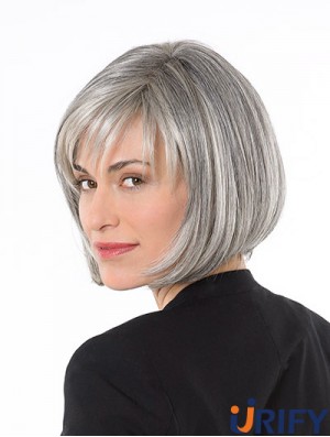Capless 10 Zoll Kinn Länge Synthetic Straight Ladies Grey Perücken
