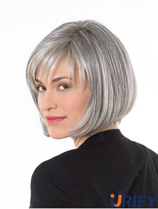 Capless 10 Zoll Kinn Länge Synthetic Straight Ladies Grey Perücken