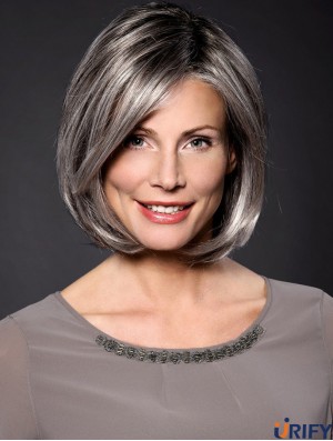 Straight Grey 10  inchGrey Synthetic 100% handgebundene Perücken in Kinnlänge für Frauen