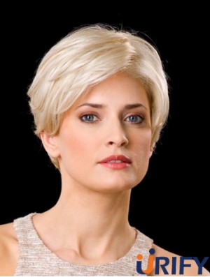 Synthetic Lace Front 8  inchLayered Straight Platinum Blonde Perücken Kurzes Haar