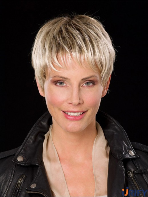 Gerade Boycuts Capless 6 Zoll Platin Blonde Cropped Cheap Synthetic Perücken