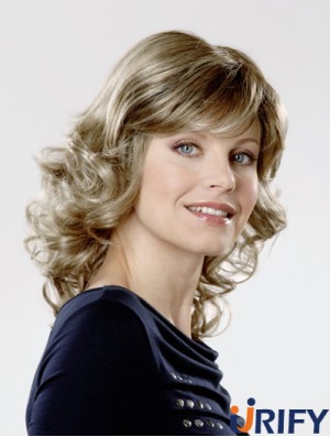 Monofilament Synthetic 14  inchSchulterlange lockige Blondine mit Pony Krebs Perücken für Frauen