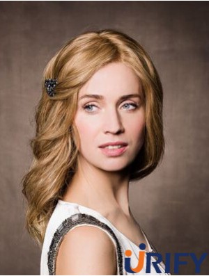 Monofilament Synthetic 14  inchLange gewellte Blondine ohne Pony Krebs Perücke