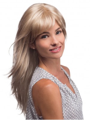 Lange blonde Perücke mit Pony Monofilament Synthetic Straight Style