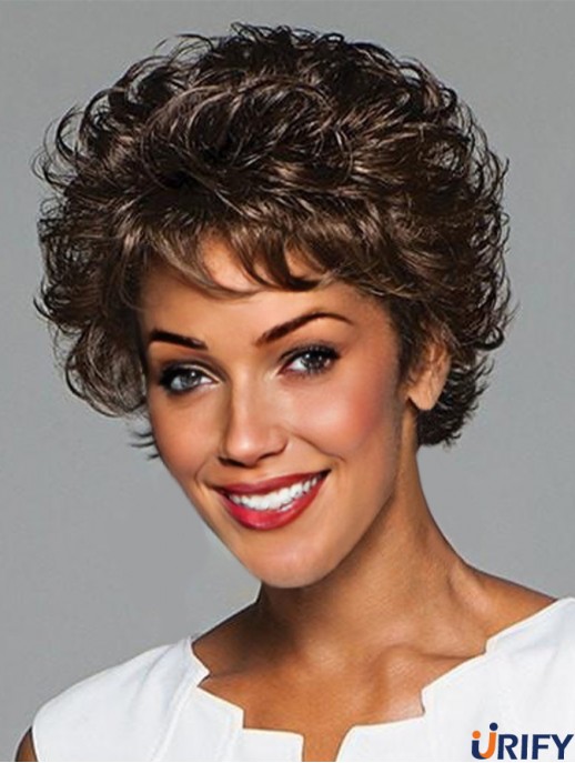 Curly Black Layered 6 Zoll Monofilament Perücken