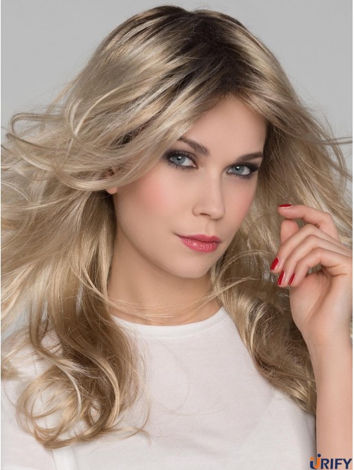Platinblonde geschichtete gewellte 16 Zoll lange Mono Crown Lace Perücken